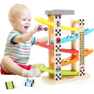 Toy for 1-3 Years Old Boys and Girls, Kid Race Track Car for Toddlers with 5 Mini Cars & 5 Ramps, Wooden Montessori Car Ramp Toy Set for Babies' Birthday Gifts, Visit Gifts