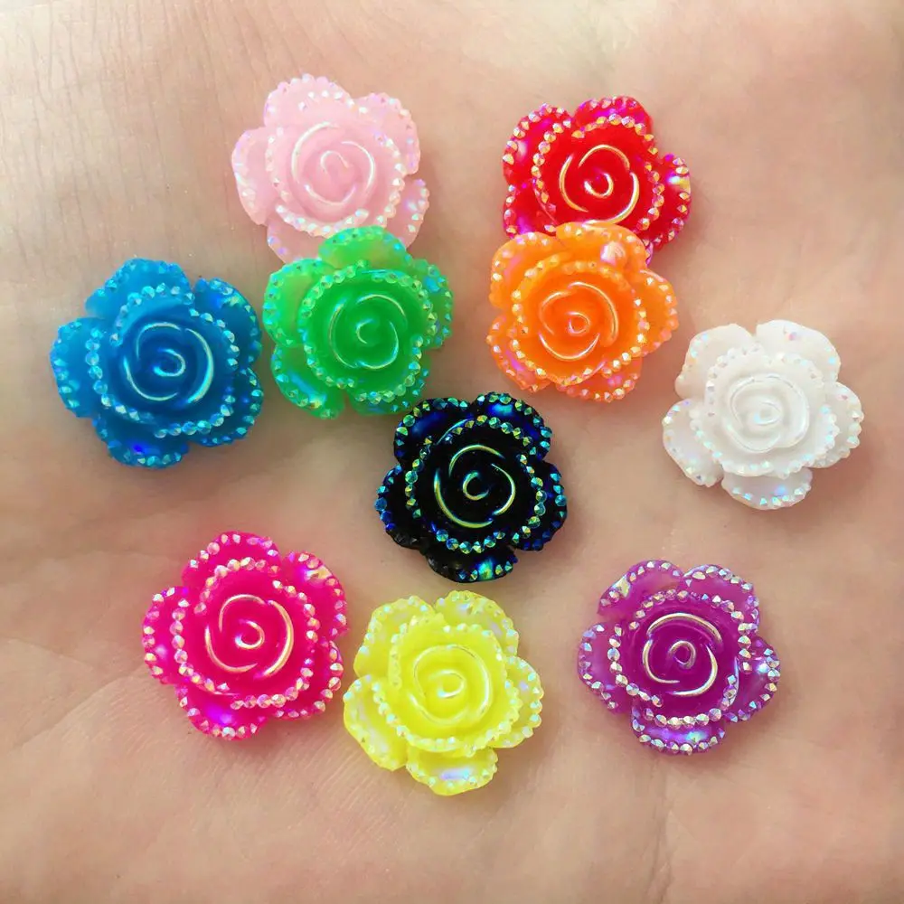 30Pcs 14mm AB Resin Glitter Rose Flat back Flower Stone Beads Scrapbook Scrapbooking Wedding Applique DIY Jewelry Bow Ornaments Accessories Embellishment Crafts Scrapbook Accessory
