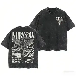 Men's Oversize Retro Limited Nirvana Band Tour 2-Sided Washed Heavyweight Cotton Graphic Tees, Unisex Vintage Rock Band T Shirt, Classic Streetwear Top Gift for Rock Music Lovers