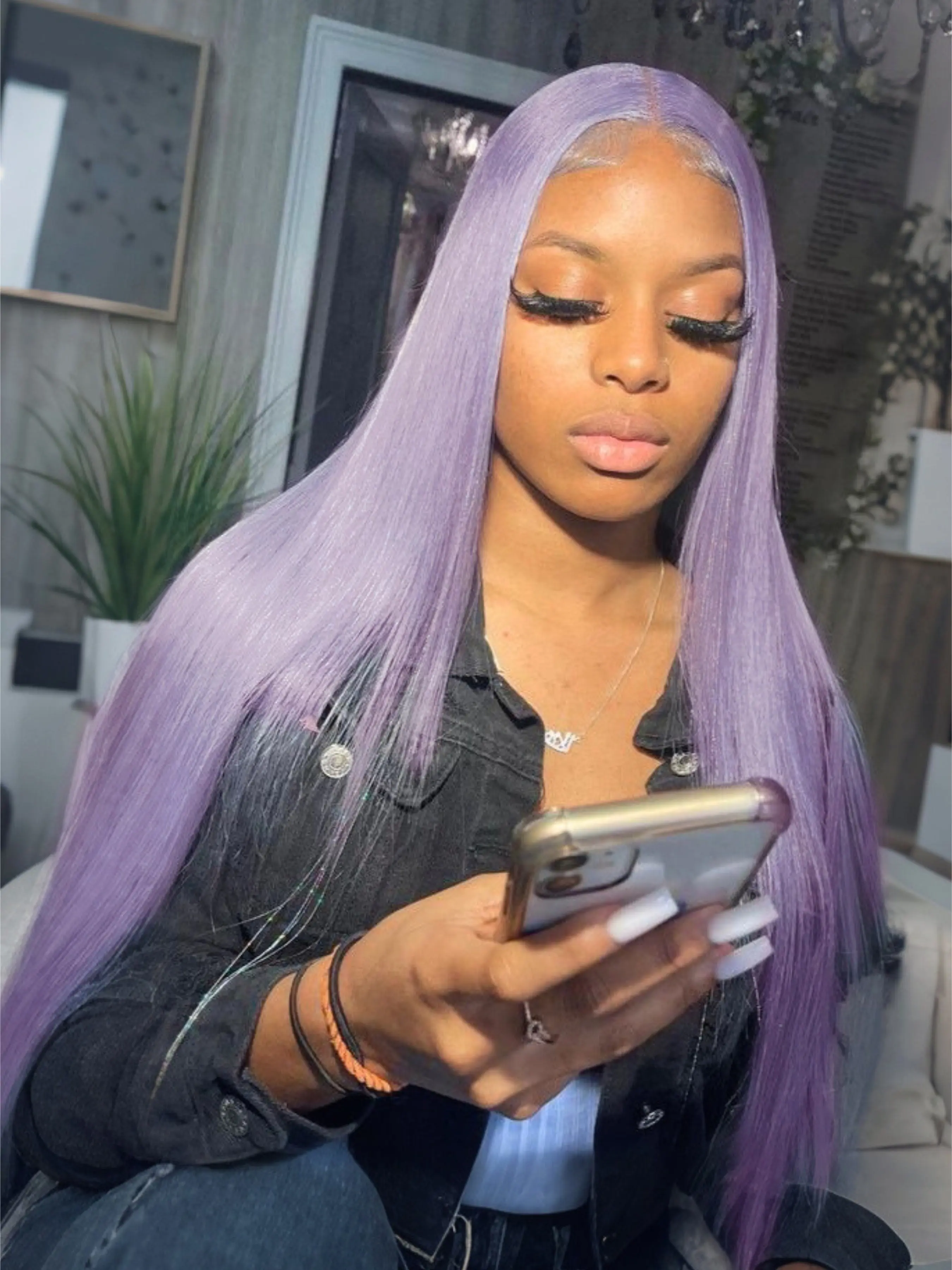 Lavender Lace Front Wigs Colored Long Straight Hair Smooth Straight 13x4 HD Lace Frontal Wig Pre Plucked Heat Resistant Fiber Light Purple Wig Middle Part Natural Looking Party Wigs for Cosplay Concert Music Festival 28 Inch