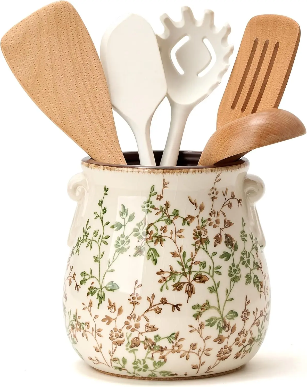 Utensil Holder for Kitchen Counter, Modern Farmhouse Rustic Exquisite Chinoiserie Floral Ceramic Utensil Organizer Crock for Home Kitchen Decor, Green and Beige