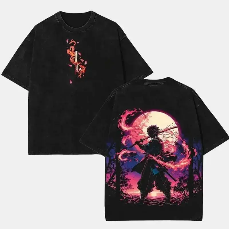 Men's Demon Slayer Kimetsu No Yaiba Graphic T-Shirt - Tanjiro Kamado Fire-Sun-Water Breathing v6 Design, Washed Fabric, 2-Sided Printing, 90s Anime Manga-Inspired Oversized Seamless Shortsleeve Apparel, Casual American Top, Tshirt, Cotton