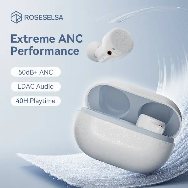 ROSESELSA CERAMICS ULTRA Wireless Earbuds, 50dB ANC Noise Cancelling Earbuds, HiFi Sound with LDAC & LHDC 5.0, 40H Playtime, Bluetooth Earbuds with Low Latency Gaming Mode