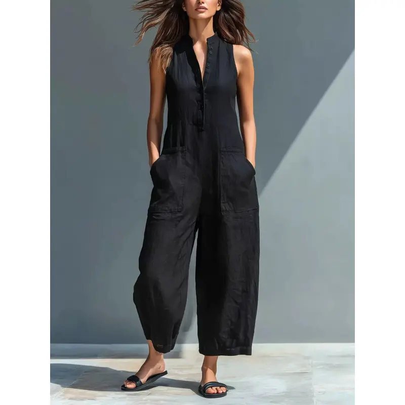 Black Sleeveless Cotton Nylon Jumpsuit| Wrinkle Resistant Wide Leg Jumpsuit with Pockets| Durable Casual Summer Outfit
