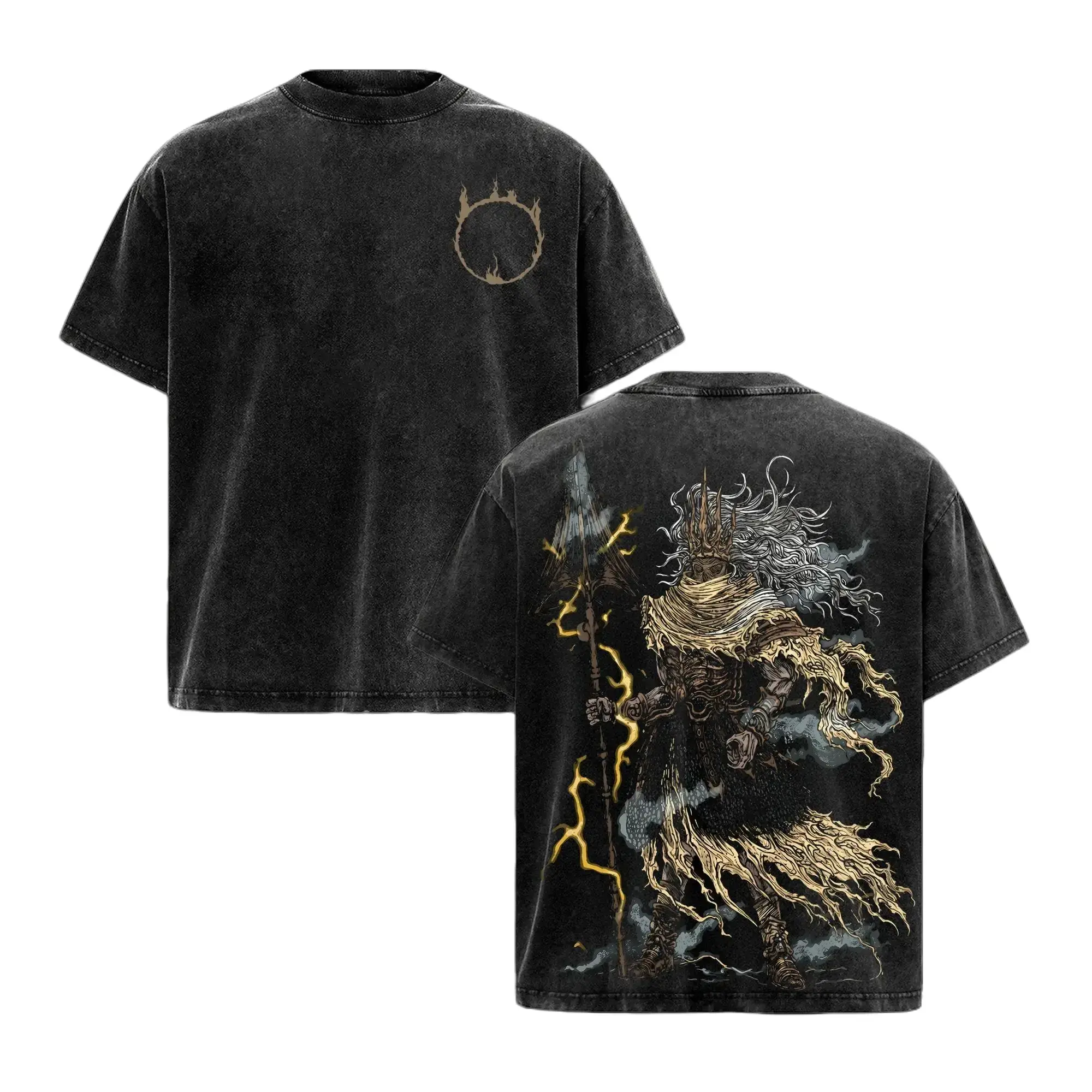 Dark Souls Inspired Nameless King Graphic Tee - Vintage Washed Oversized Heavy Cotton T-Shirt for Men & Women, Double Sided Grim Reaper Animecore Streetwear, Soulsborne Gamer Gift, Y2K Grunge Aesthetic Graphic Top, Casual Alt Gamer Merch Apparel