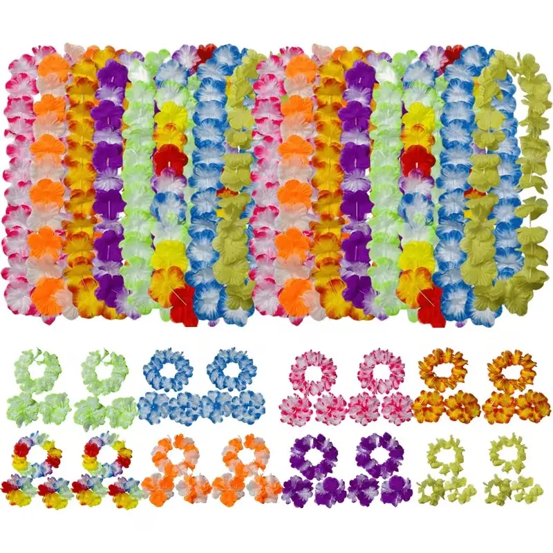 64pcs Elastic Flowers Necklaces, Headbands And Wristbands, Hawaiian Leis Bulk, Colorful Tropical Flower Necklace Hawaii Dance Decor for Summer Beach Pool Luau Party Birthday Decoration Favors Supplies
