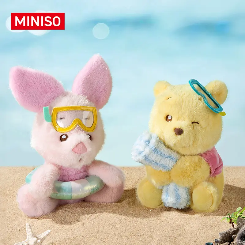 MINISO Disney Winnie the Pooh Summer Beach Sitting Plush Doll Piglet Swim Goggles Float Stuffed Toy Cute Healing Soft Plush Gift for Kids