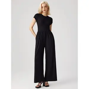 Cider [size 0-10] Round Neckline Ruched Wide Leg Jumpsuit