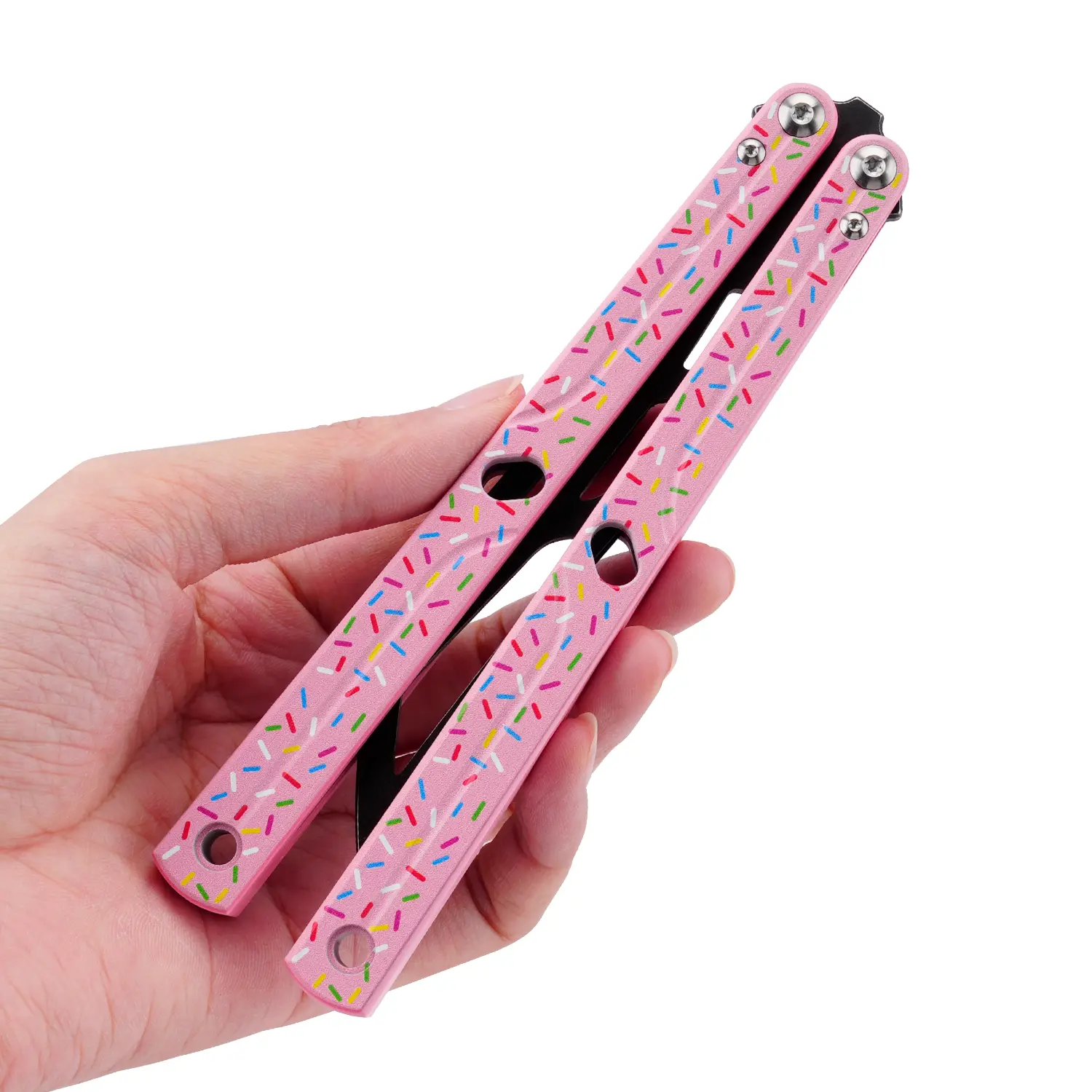 Doughnut Sprinkle Balisong Trainer, Safe Practice Flipping Knife for Beginners with a Non-Cutting Blunt Blade, Doughnut Shape, Non-Cutting Blades, Versatile And Safe, Lg09, Screw