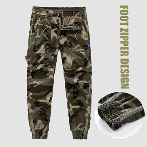 Men's tactical camouflage work pants, elastic waistband with ankle zipper, multi pocket functional style pants