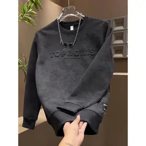 Autumn Winter New Fleece Pullover Steel Print Letter Gradient Top Men's Long Sleeve Casual Pure Cotton Sweatshirt