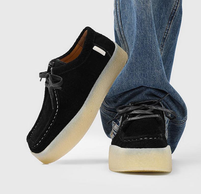 Men's Platform Moccasins Suede Black Height Increase Cream Sole Casual Shoes