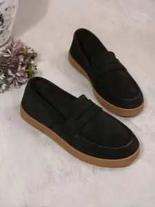 Dark Loafers, Flat, Simple British Classic Retro Style, Slip-On Design, Soft Anti-Slip Rubber Sole, Ideal for Daily Commute, Campus, Leisure