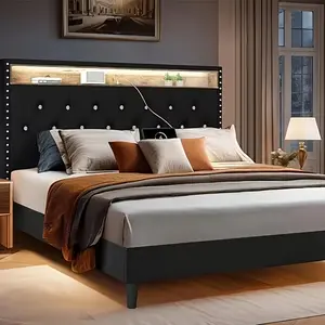 Bed Frame with LED Lights, Velvet Upholstered Platform with Storage Headboard, Charging Station & Diamond Tufted Design- No Box Spring Required - Easy Assembly- Black