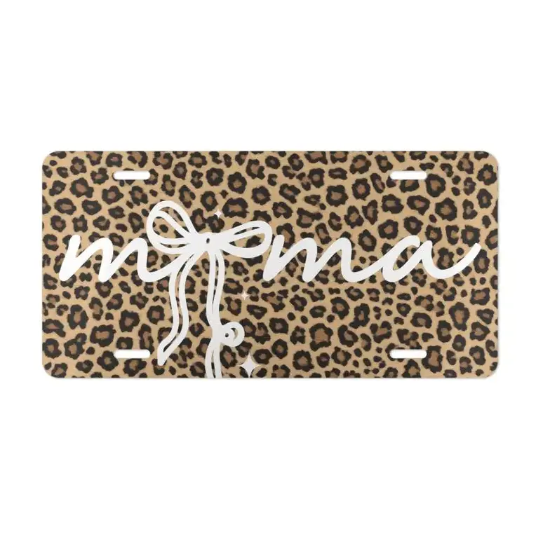 LEOPARD MAMA COQUETTE BOW License Plate - Cute Cheetah Mom Front Vanity Tag - Pink Ribbon Car Accessories for Women, 12x6 Inch Metal Plate