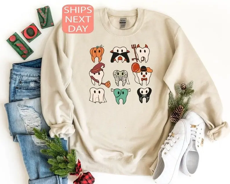 [Sale off up to 50%] Funny Halloween Teeth Sweatshirt, Spooky Halloween Dentist Sweatshirt, Dental Squad Sweatshirt, Trick or Teeth Hoodie, Pumpkin Dentist Hoody