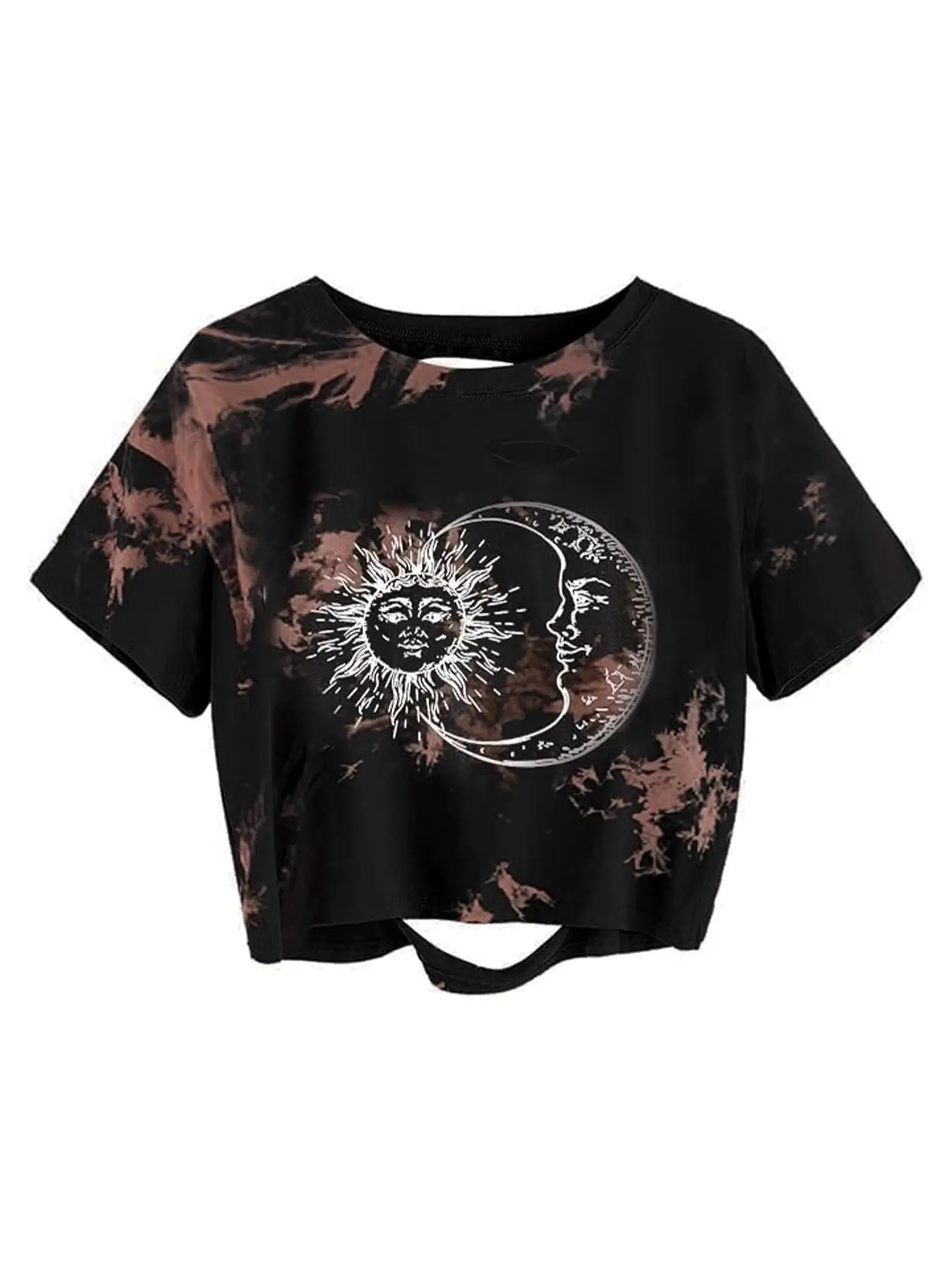 Women's Tie Dye & Graphic Print Ripped Cut Out Round Neck Crop Tee, Fashion Casual Short Sleeve T-shirt for Daily Wear, Summer Outfits 2024