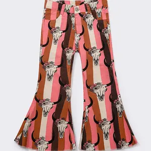 Western Cow Stripes Print Bell bottoms Girls Jeans