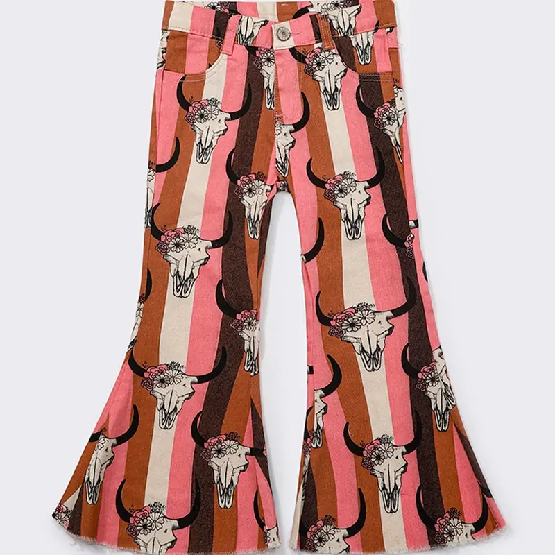 Girls' Western Cow Print Stripes Bell-Bottom Fashion Jeans, Affordable Fashion Bottoms for 0-8T Kids