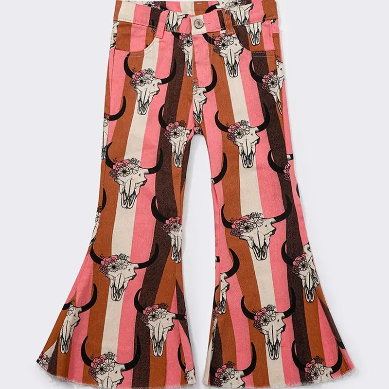 Western Cow Stripes Print Bell bottoms Girls Jeans