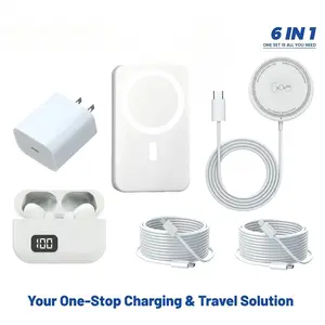 Upgraded 6-in-1 Magnetic Charging & Audio Kit – 20W Fast Charge Power Bank, Wireless Charger, Bluetooth 5.3 Earbuds, Type-C & Lightning Cables, Adapter, Enhanced Magnetic Ring, All-in-One Travel Set for Android & iOS Devices