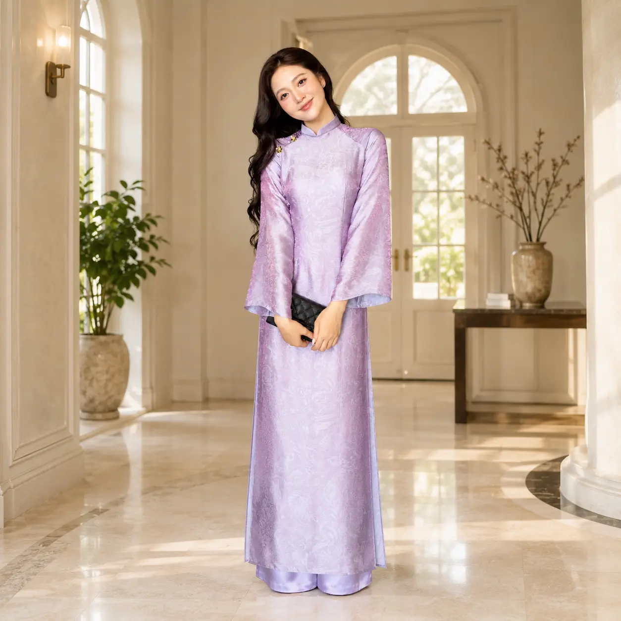 Lavender Purple Silk Ao Dai Dress, Traditional Vietnamese Gown, Floral Brocade Maxi Tunic, Formal Wedding Guest Attire, Tea Ceremony