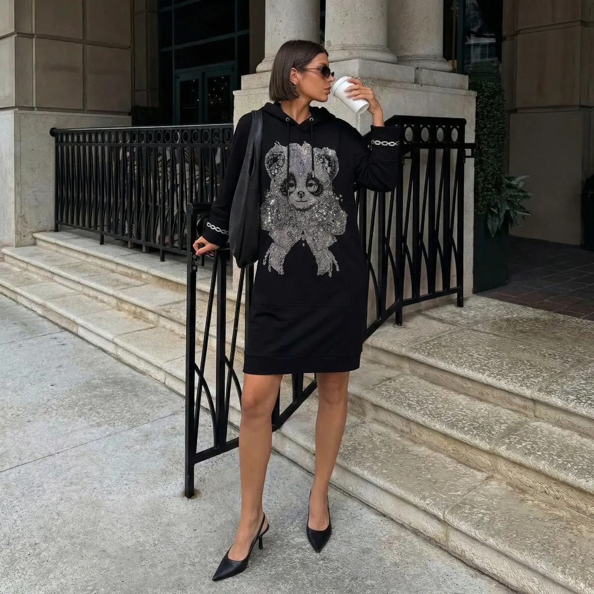 Rhinestone Panda Oversized Hoodie Dress | Y2K Bling Graphic Sweatshirt | Aesthetic Coquette Hoodie