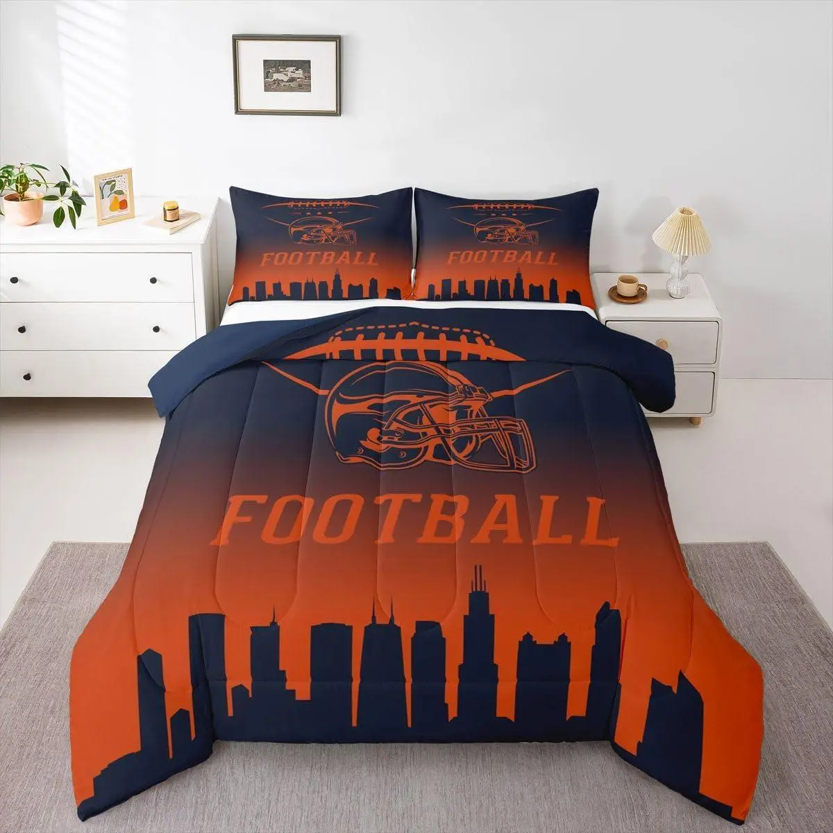 Chicago Bedding Set,Kids Football Decor Comforter Set,Rugby Sports Game Down Comforter for Teens Boys Football Silhouette Duvet Insert Bedroom Collection