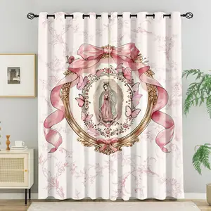2 panels Our Lady of Guadalupe Print Blackout Curtains, Pink Bow & Butterfly Virgin Mary Pattern Thermal Insulated Window Drapes for Bedroom, Coquette Catholic Themed Home Decor