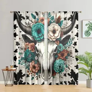 Vintage Bull Head & Skull Pattern Curtain, 2 Counts/set Skull Pattern Curtain, Home Decoration Curtain, Home Decor for Bedroom, Living Room, Study, Bathroom, Kitchen