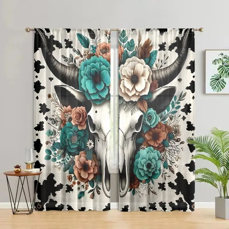 Vintage Bull Head & Skull Pattern Window Curtain, 2 Counts/set Skull Pattern Curtain, Home Decoration Curtain, Home Decorative Curtain, Home Decor for Bedroom, Living Room, Study, Bathroom, Kitchen