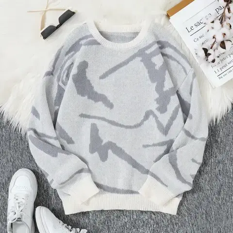 Men's Pop Art Graphic Geometric Print Drop Shoulder Sweater, Regular Fit Casual Colorblock Long Sleeve Round Neck Casual Trendy Jumper For Fall, Fashion Men's For Daily Wear