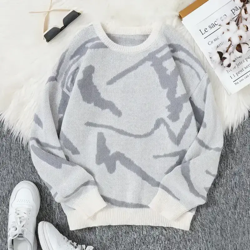 Men's Pop Art Graphic Geometric Print Drop Shoulder Sweater, Regular Fit Casual Colorblock Long Sleeve Round Neck Casual Trendy Jumper For Fall, Fashion Men's For Daily Wear