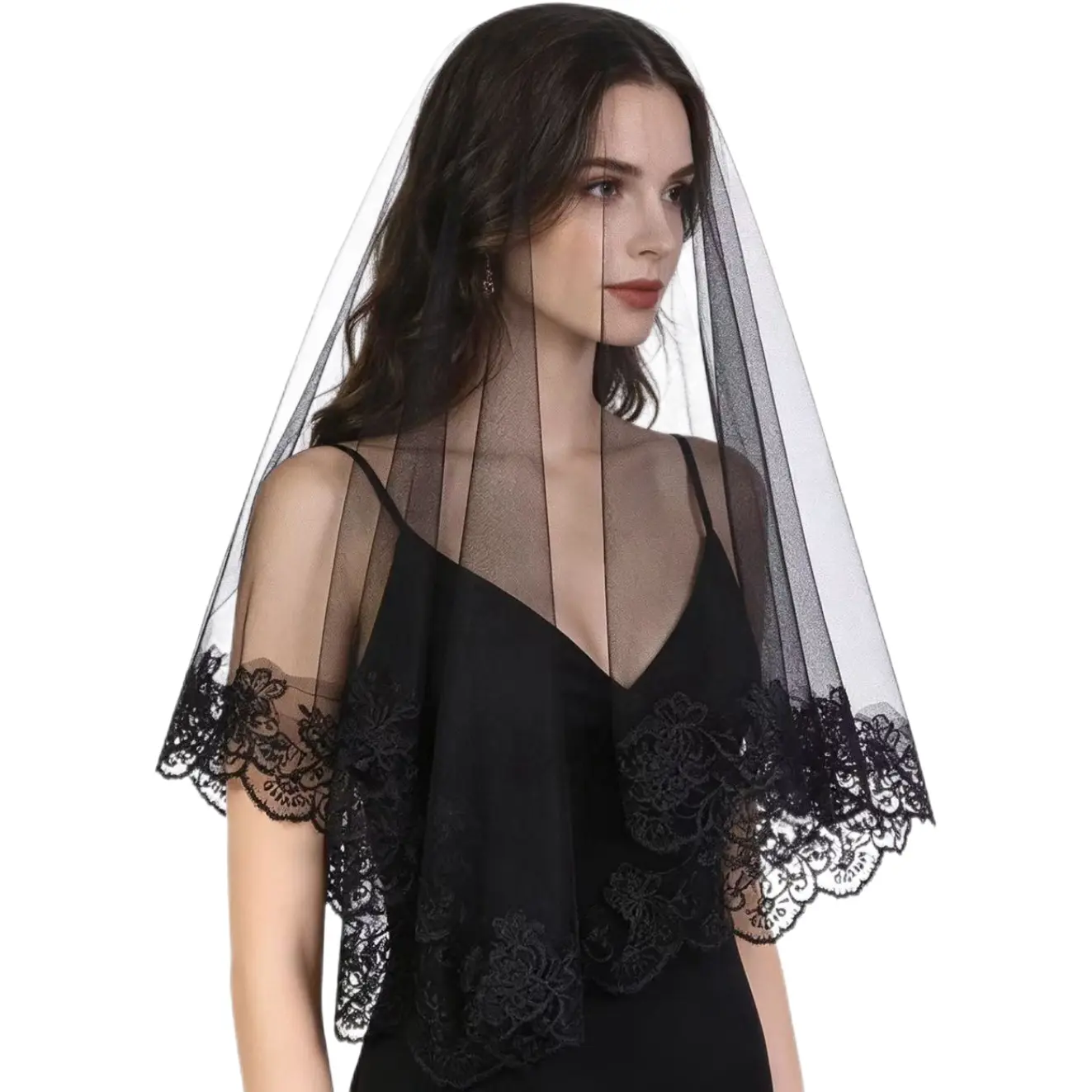 2-Tier Black Lace Edge Bridal Veil, Soft Tulle Short Veil Without Comb, Gothic Wedding Halloween Photo Shoot Accessory