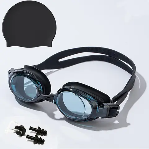 Swimming Goggles & Swimming Cap & Earplugs & Nose Clip Set, Adjustable Anti-fog Waterproof Swimming Goggles, Swimming Accessories for Training, Pool Goggles