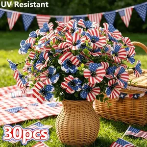 30Pcs Patriotic Artificial Violets, Blue White Red Fade-Resistant Flowers, UV Protected Outdoor Hanging Floral, No Watering No Maintenance Durable Plastic, Decorative Plants, Perfect for July 4th, Memorial Day, Garden, Porch, Yard & Patriotic Decoration