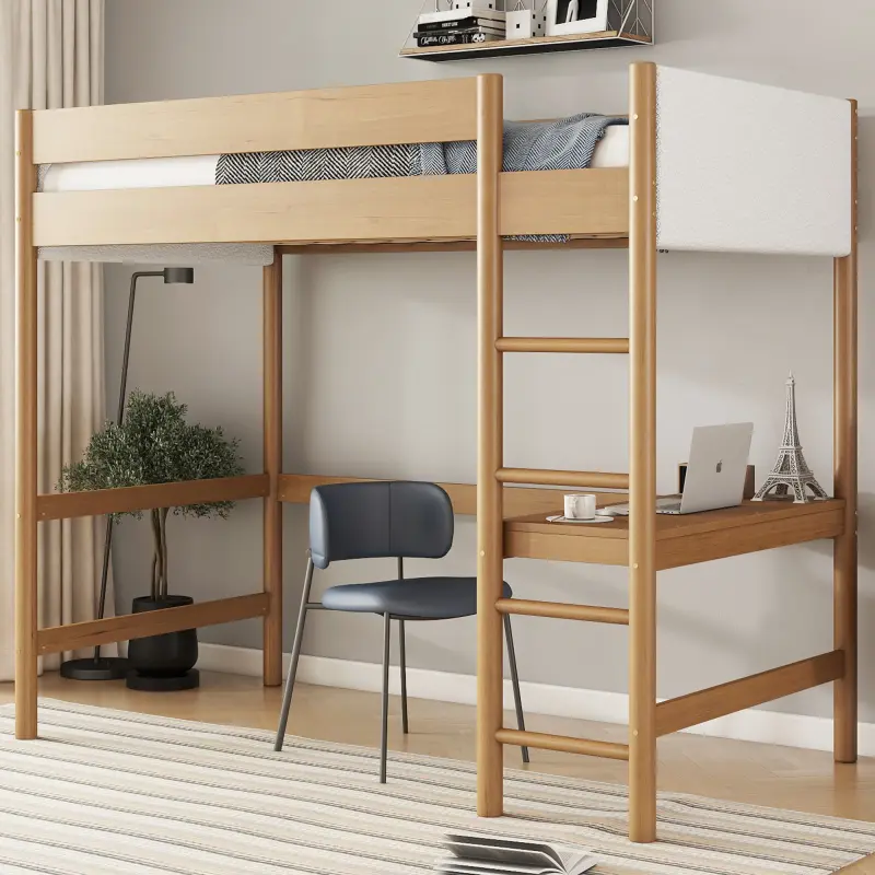 Single Bunk Bed - Twin Size Rubber Wooden Loft Storage Bed with Boucle Teddy Fleece Fabric Upholstered Headboard, Footboard, Ladder, Safety Guardrails, Built-in Desk, 79.2x42x70.5in, 129lbs, Assembly Required Natural Indoor Furniture