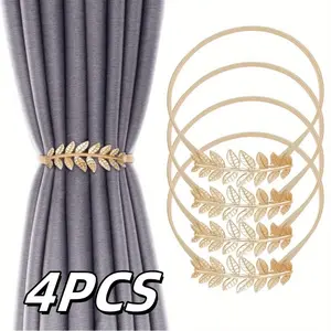 4pcs Elegant Golden Leaf Curtain Tiebacks - Modern Aluminum Alloy, Intricate Spring Design Holdbacks for Stylish Drapery Management in Living Room & Bedroom|Leaf Motif|Luxurious Finish