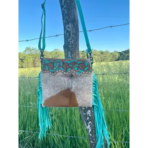 Turquoise Fringe Tooled Hide Crossbody