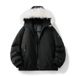 Men's black down jacket with faux fur hood, oversized warm winter outdoor outerwearRAIMENTRY