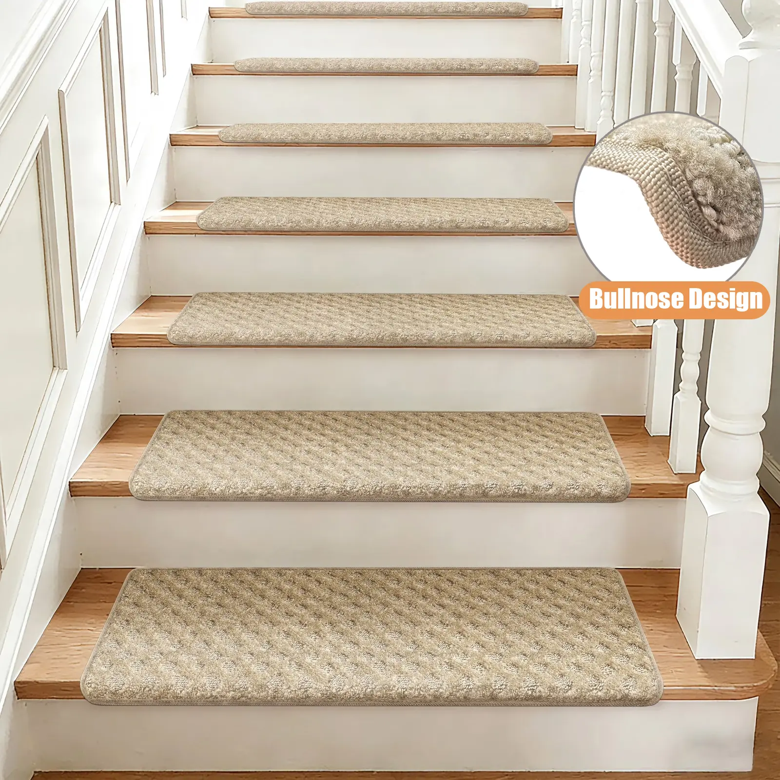 Cream Gray Mini Diamond Trellis Bullnose Carpet Stair Treads, Tape Free Non Slip Indoor Wood Step Protectors, Pet Friendly Washable Stair Rugs for Wooden Stairs Runner