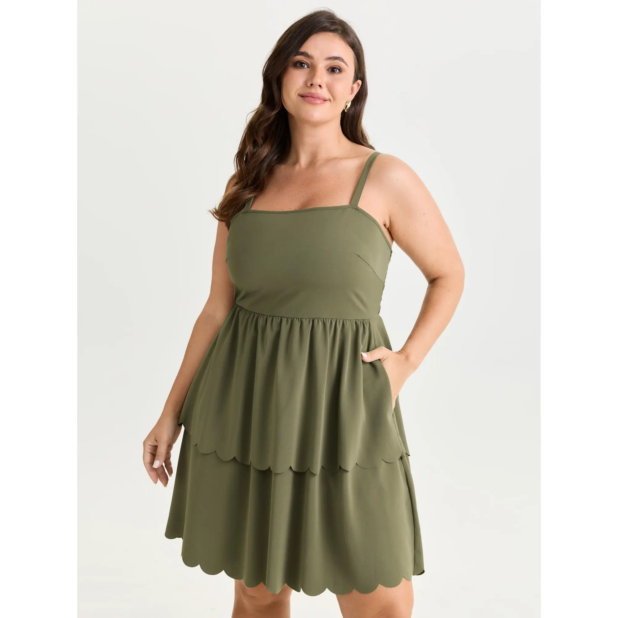 BLOOMCHIC Women's Plus Size Polyester Sleeveless Casual Cami Mini Dress - Shirred, Tiered, Laser Cut Hem, Smooth Fabric, Pocket, Casual Wear, Curvy Clothing, Fuller Bust Fashion [M-6X] 2026 Spotlight, Summer, Plus Size Clothes, Belly Fat Hiding Casual Dre