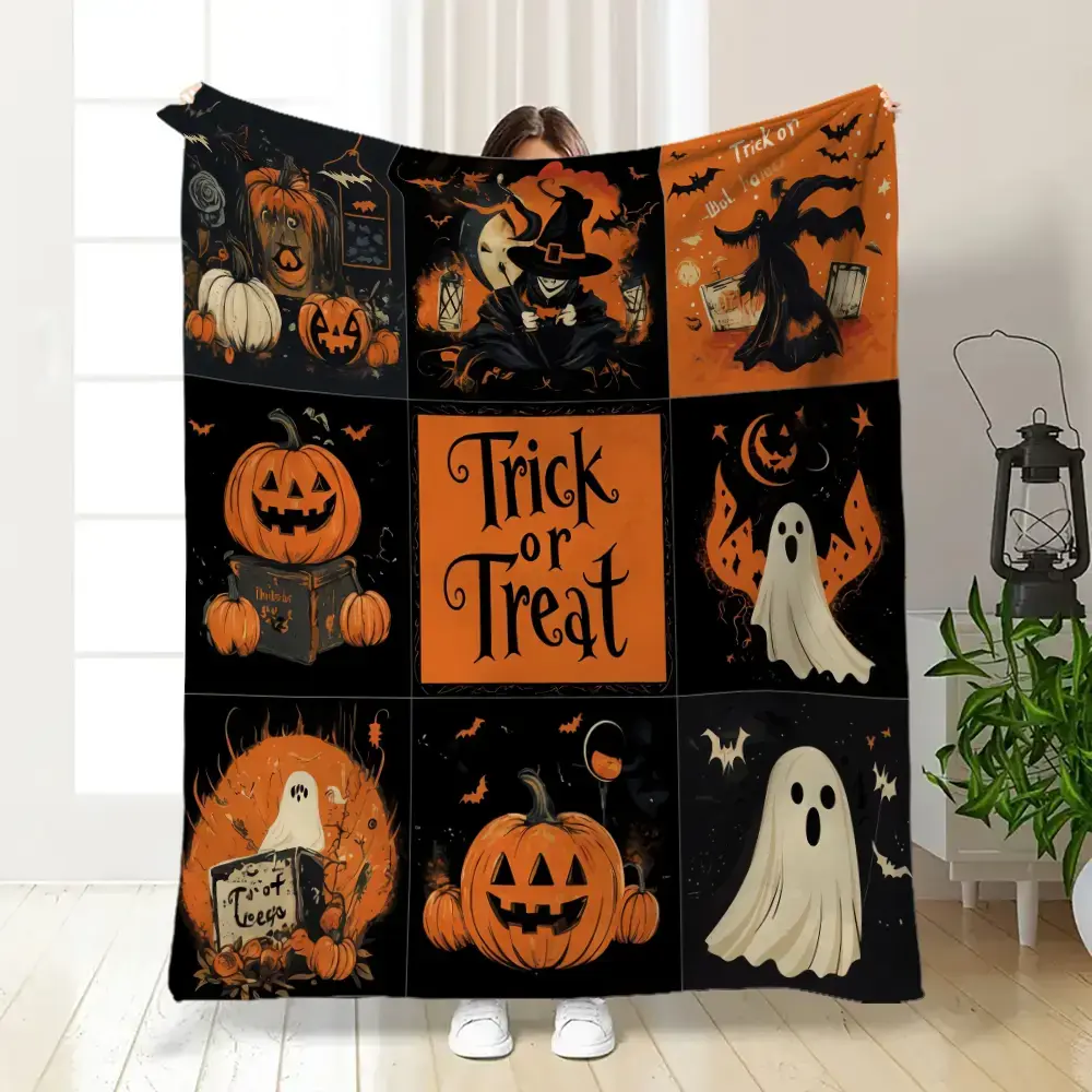 Retro Folk Halloween Fleece Blanket - 9-Square Symmetric Quilt Grid, Harvest Pumpkins,Friendly White Ghosts, Witch Silhouette, Bat, Full Moon, Tombstone, Central "Trick Or Treat" Print, Lightweight, Black-Orange Warm Neutral Decor, Autumn Holiday Gift
