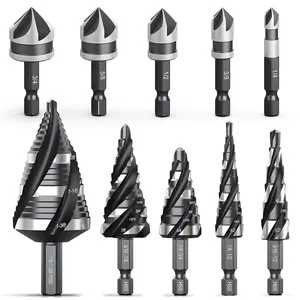 5 Pcs Four Spiral Flute Step Drill Bit Set & 5 Pcs Countersink Drill Bits with Tool Box, Nitriding HSS Drill Bits for Metal, Aluminum, Wood, Plastic