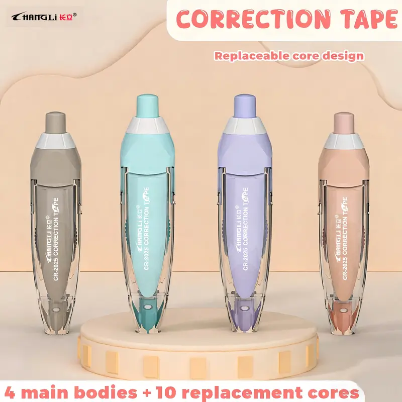 Pen-Shaped Error Correction Tape, Convenient Push-Button Design, Replaceable Core with 10 Replacement Cores, Office Stationery for Students
