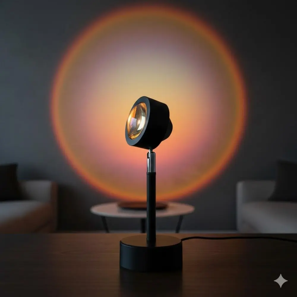 USB Rechargeable Sunset Projector Light with Remote, Adjustable Brightness Light, Rotating Rainbow Ambient LED Mood Lamp, Smart Color Changing & Starry Sky Effect for Bedroom, Kids Room, Party Decor Night Light