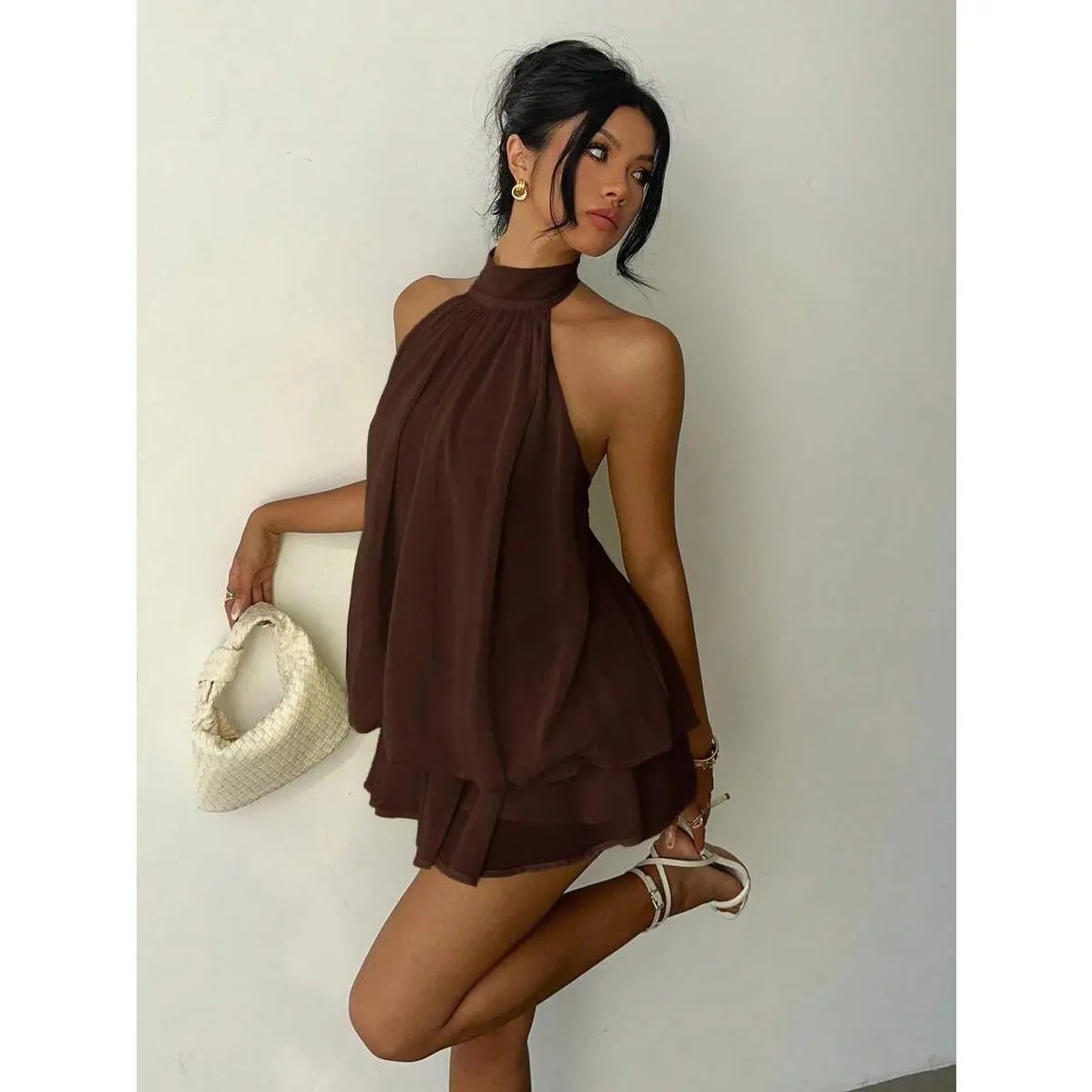 chinese dress ladies Faux Leather Halter Mini Dress Ash Brown / Xs