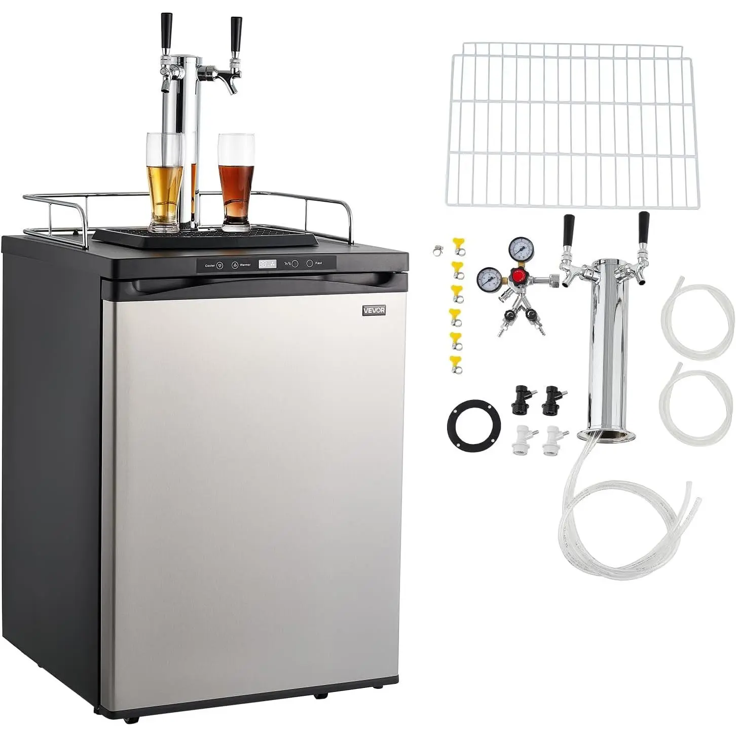 VEVOR Stainless Steel Dual-Tap Ball Lock Home Draft Beer Kegerator, Full-Size 162L Auto Defrost Refrigerator with Digital Display, 5 lbs CO2 Tank, Holds 2 Sixth/2 Slim/3 Ball Lock Kegs, 30℉-75℉ Range for Home Bars, Parties