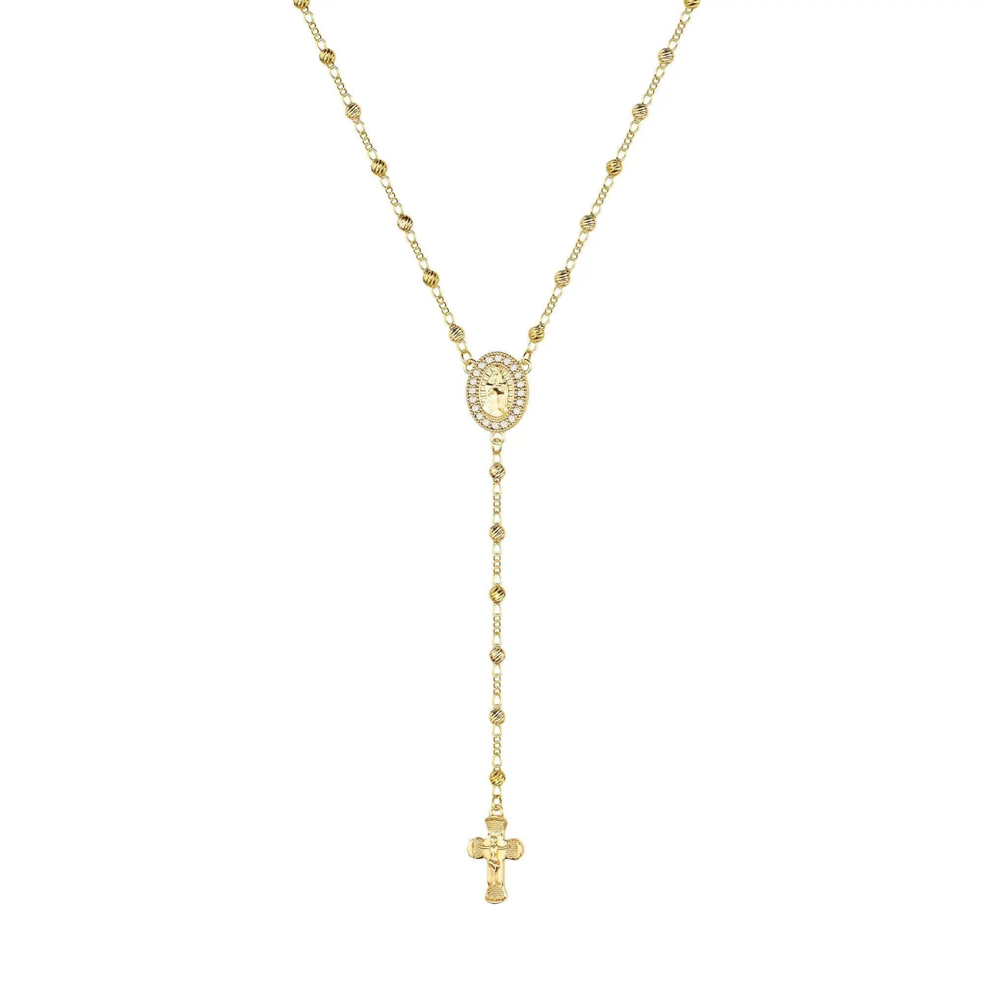 KOPERIN Women's Gold Virgin Mary Crown Cross Necklace - 14k Gold Plated Rosary Bead Cross Necklaces, Hypoallergenic Non Tarnish Gold Catholic Y Chain Necklace, Religious Rosary Beads Crucifix Necklaces Jewelry Gift for Her