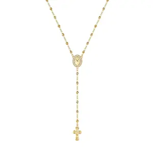 KOPERIN Women's Gold Virgin Mary Crown Cross Necklace - 14k Gold Plated Rosary Bead Cross Necklaces, Hypoallergenic Non Tarnish Gold Catholic Y Chain Necklace, Religious Rosary Beads Crucifix Necklaces Jewelry Gift for Her